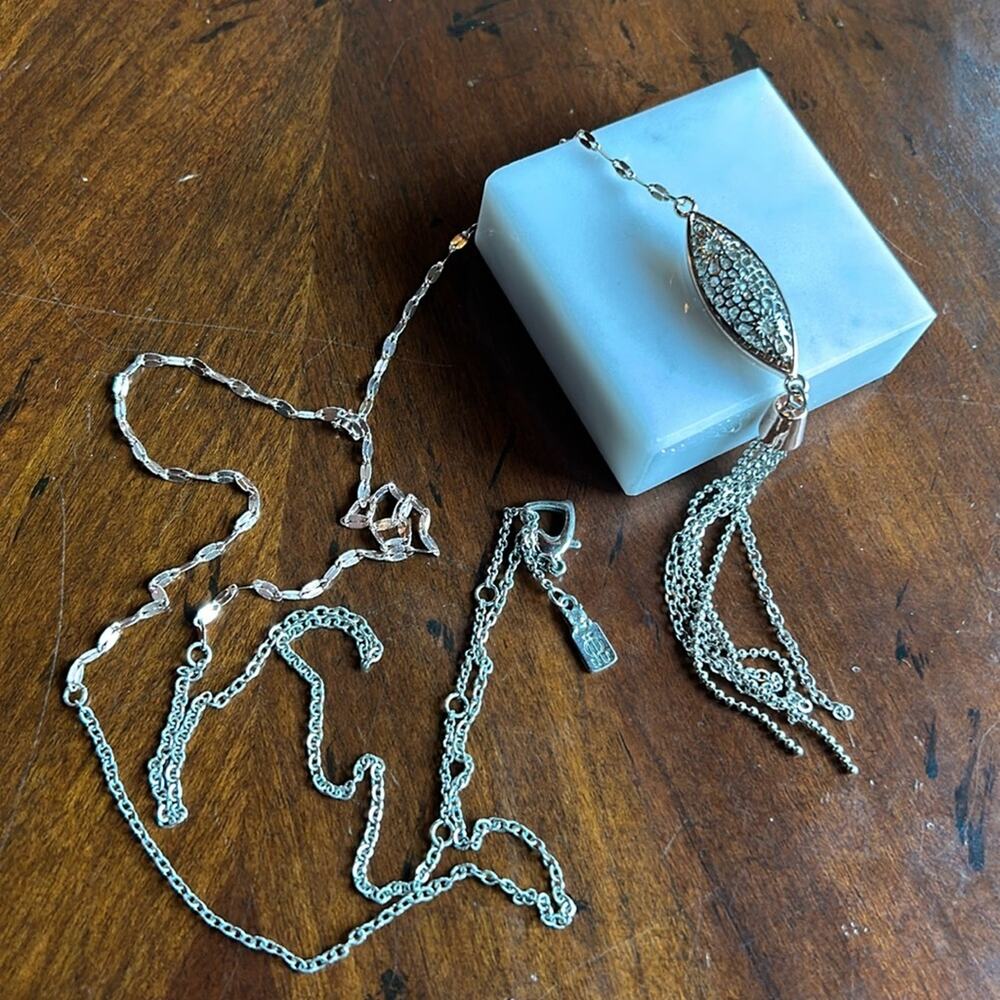 Jennifer Lopez JLO long chain Pendant drop necklace #82 rose gold & silver tone